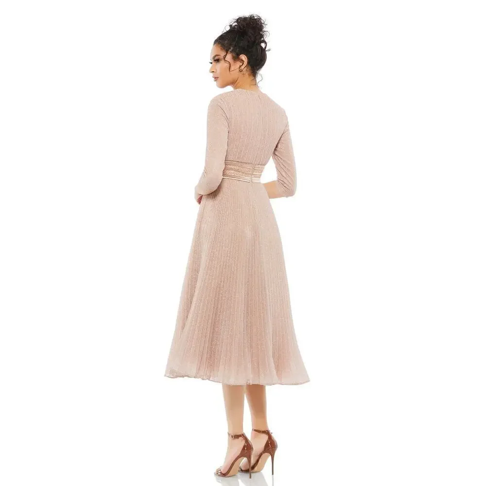 Mac Duggal 30750 Dress Shimmering 3/4 Sleeve Pleated A-Line Midi Rose Gold NWT 0